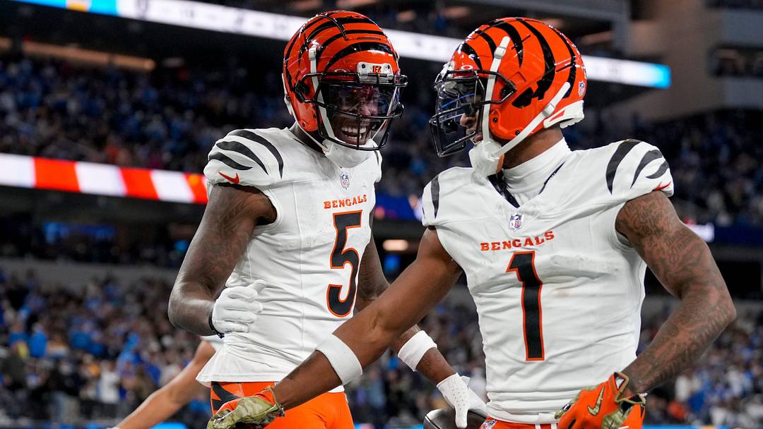 Cincinnati Bengals wide receivers Tee Higgins (5) and Ja'Marr Chase (1) celebrate a touchdown during a game on Nov. 17, 2024. Cincinnati Bengals wide receivers Tee Higgins (5) and Ja'Marr Chase (1) celebrate a touchdown during a game on Nov. 17, 2024.