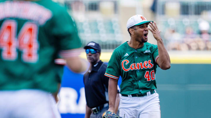 May 23, 2024; Charlotte, NC, USA; Miami (Fl) Hurricanes pitcher Myles Caba (40) celebrates after defeating the Clemson Tigers during the ACC Baseball Tournament at Truist Field. Mandatory Credit: Scott Kinser-USA TODAY Sports