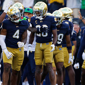 Notre Dame's defense celebrates getting a stop during a NCAA college football game between Notre Dame and Northern Illinois at Notre Dame Stadium on Saturday, Sept. 7, 2024, in South Bend.