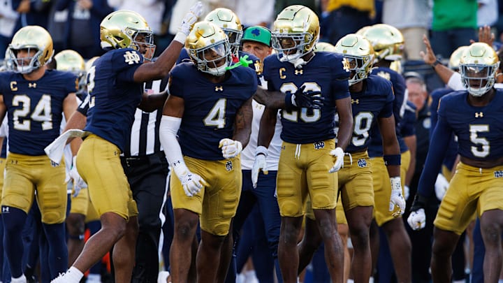 Notre Dame's defense celebrates getting a stop during a NCAA college football game between Notre Dame and Northern Illinois at Notre Dame Stadium on Saturday, Sept. 7, 2024, in South Bend.