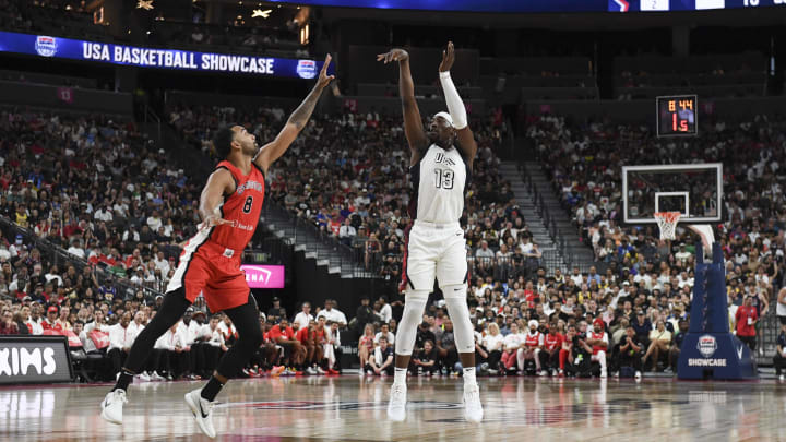 Jul 10, 2024; Las Vegas, Nevada, USA; USA forward Bam Adebayo (13) shoots over Canada forward Trey Lyles (8) in the second quarter the USA Basketball Showcase at T-Mobile Arena. Mandatory Credit: Candice Ward-USA TODAY Sports