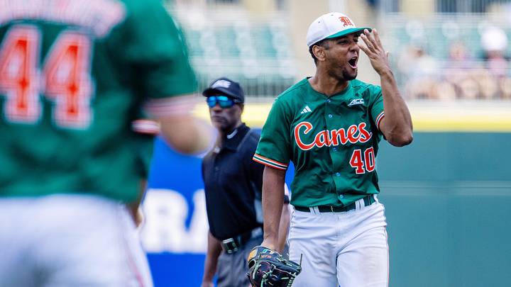 May 23, 2024; Charlotte, NC, USA; Miami (Fl) Hurricanes pitcher Myles Caba (40) celebrates after defeating the Clemson Tigers during the ACC Baseball Tournament at Truist Field. Mandatory Credit: Scott Kinser-Imagn Images