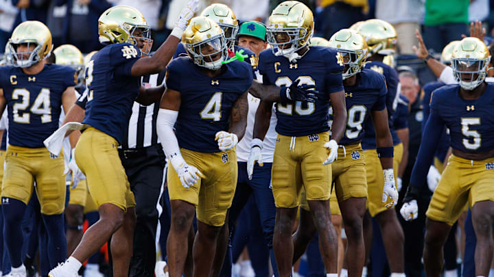 Notre Dame's defense celebrates getting a stop during a NCAA college football game between Notre Dame and Northern Illinois at Notre Dame Stadium on Saturday, Sept. 7, 2024, in South Bend.