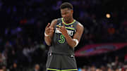 Apr 5, 2025; Philadelphia, Pennsylvania, USA; Minnesota Timberwolves guard Anthony Edwards (5) reacts against the Philadelphia 76ers in the fourth quarter at Wells Fargo Center. Mandatory Credit: Kyle Ross-Imagn Images