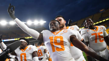Tennessee defensive lineman Joshua Josephs (19) celebrates after a game between the Tennessee Volunteers and Pittsburgh Panthers in Acrisure Stadium in Pittsburgh, Saturday, Sept. 10, 2022. Tennessee defeated Pitt 34-27 in overtime.