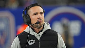 Dec 11, 2023; East Rutherford, New Jersey, USA; Green Bay Packers head coach Matt LaFleur looks on during the first quarter against the New York Giants at MetLife Stadium. Mandatory Credit: Robert Deutsch-Imagn Images
