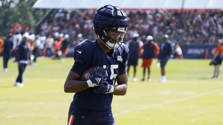 Jul 27, 2024; Lake Forest, IL, USA; Chicago Bears wide receiver Rome Odunze (15) catches a pass during Chicago Bears Training Camp at Halas Hall. Mandatory Credit: David Banks-USA TODAY Sports