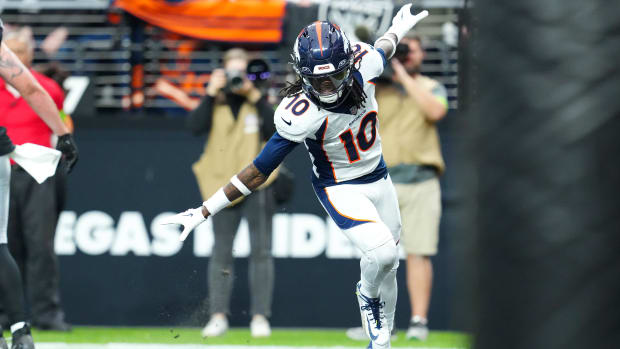 Jan 7, 2024; Paradise, Nevada, USA;  Denver Broncos wide receiver Jerry Jeudy (10) celebrates after scoring a touchdown 