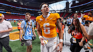 Aug 30, 2025; Atlanta, Georgia, USA; Tennessee Volunteers quarterback Joey Aguilar (6) celebrates after a victory against the Syracuse Orange at Mercedes-Benz Stadium. Mandatory Credit: Brett Davis-Imagn Images