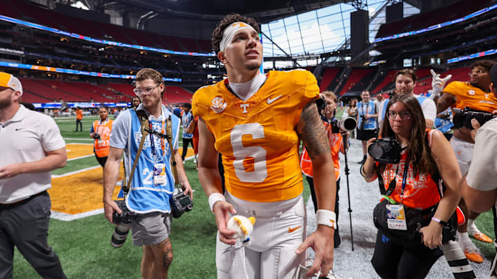 Aug 30, 2025; Atlanta, Georgia, USA; Tennessee Volunteers quarterback Joey Aguilar (6) celebrates after a victory against the Syracuse Orange at Mercedes-Benz Stadium. Mandatory Credit: Brett Davis-Imagn Images