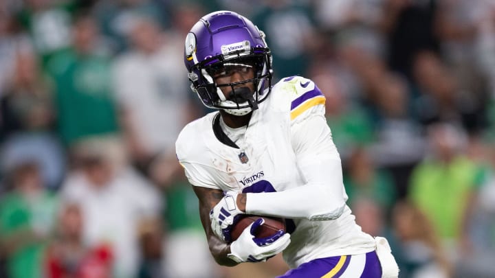 Sep 14, 2023; Philadelphia, Pennsylvania, USA; Minnesota Vikings wide receiver Jordan Addison (3) runs for a touchdown after a catch against the Philadelphia Eagles during the third quarter at Lincoln Financial Field. Mandatory Credit: Bill Streicher-USA TODAY Sports