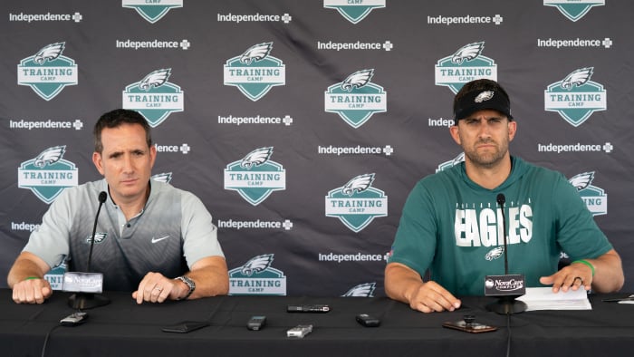 Jul 28, 2021; Philadelphia, PA, USA; Philadelphia Eagles general manager Howie Roseman (L) and head coach Nick Sirianni