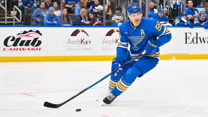 Apr 9, 2026; St. Louis, Missouri, USA; St. Louis Blues defenseman Colton Parayko (55) controls the puck against the Winnipeg Jets during the third period at Enterprise Center. Mandatory Credit: Jeff Curry-Imagn Images