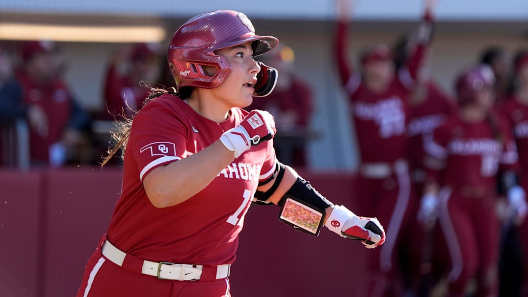 Oklahoma's Isabela Emerling runs the bases after after hitting a home run in the second inning of a college softball game between the University of Oklahoma (OU) and Wichita State at Love's Field in Norman, Okla., Sunday, Feb. 23, 2025.