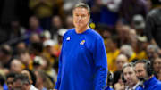 Dec 8, 2024; Columbia, Missouri, USA; Kansas Jayhawks head coach Bill Self reacts during the first half against the Missouri Tigers at Mizzou Arena. Mandatory Credit: Jay Biggerstaff-Imagn Images