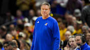 Dec 8, 2024; Columbia, Missouri, USA; Kansas Jayhawks head coach Bill Self reacts during the first half against the Missouri Tigers at Mizzou Arena. Mandatory Credit: Jay Biggerstaff-Imagn Images