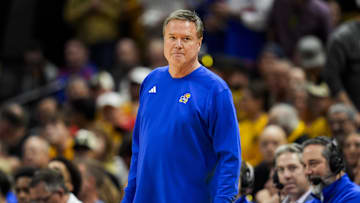 Dec 8, 2024; Columbia, Missouri, USA; Kansas Jayhawks head coach Bill Self reacts during the first half against the Missouri Tigers at Mizzou Arena. Mandatory Credit: Jay Biggerstaff-Imagn Images