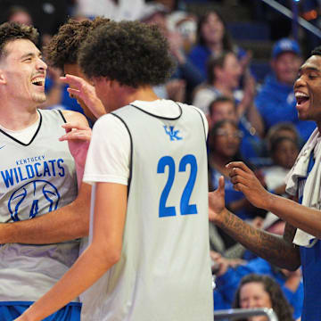 Kentucky Wildcats forward Andrija Jelavic (4) during the three-point contest at the 2025 Big Blue Madness at Rupp Arena in Lexington, Kentucky Saturday, Oct. 11, 2025.