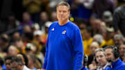 Dec 8, 2024; Columbia, Missouri, USA; Kansas Jayhawks head coach Bill Self reacts during the first half against the Missouri Tigers at Mizzou Arena. Mandatory Credit: Jay Biggerstaff-Imagn Images