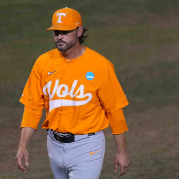 Tennessee baseball head coach Tony Vitello during a NCAA regional baseball game between the Tennessee Volunteers and Cincinnati Bearcats at Lindsey Nelson Stadium in Knoxville, Tenn., on May 31, 2025.