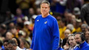 Dec 8, 2024; Columbia, Missouri, USA; Kansas Jayhawks head coach Bill Self reacts during the first half against the Missouri Tigers at Mizzou Arena. Mandatory Credit: Jay Biggerstaff-Imagn Images