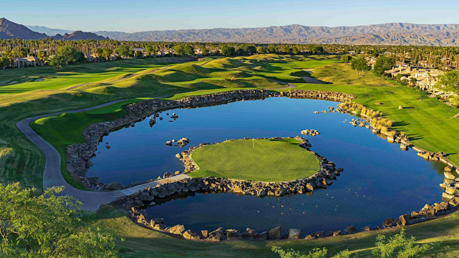The iconic par-3 17th at PGA West Pete Dye Stadium course.