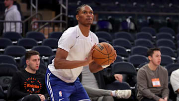 Apr 21, 2025; New York, New York, USA; Detroit Pistons forward Ausar Thompson (9) warms up before game two of first round of the 2024 NBA Playoffs against the New York Knicks at Madison Square Garden. Mandatory Credit: Brad Penner-Imagn Images