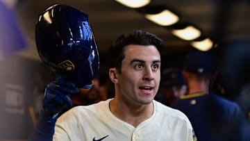 Apr 16, 2025; Milwaukee, Wisconsin, USA;  Milwaukee Brewers right fielder Sal Frelick (10) reacts after hitting a solo home run in the sixth inning against the Detroit Tigers at American Family Field. Mandatory Credit: Benny Sieu-Imagn Images