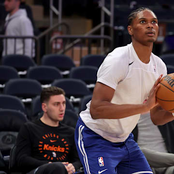 Apr 21, 2025; New York, New York, USA; Detroit Pistons forward Ausar Thompson (9) warms up before game two of first round of the 2024 NBA Playoffs against the New York Knicks at Madison Square Garden. Mandatory Credit: Brad Penner-Imagn Images