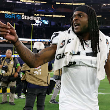 Aug 19, 2023; Inglewood, California, USA;  Las Vegas Raiders wide receiver Davante Adams (17) walks back to the locker room after an NFL preseason football game against the Los Angeles Rams at SoFi Stadium. Mandatory Credit: Kiyoshi Mio-Imagn Images