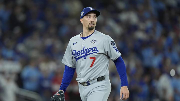 Nov 1, 2025; Toronto, Ontario, CAN; Los Angeles Dodgers pitcher Blake Snell (7) walks back to the dugout after th eighth inning against the Toronto Blue Jays during game seven of the 2025 MLB World Series at Rogers Centre. Mandatory Credit: John E. Sokolowski-Imagn Images
