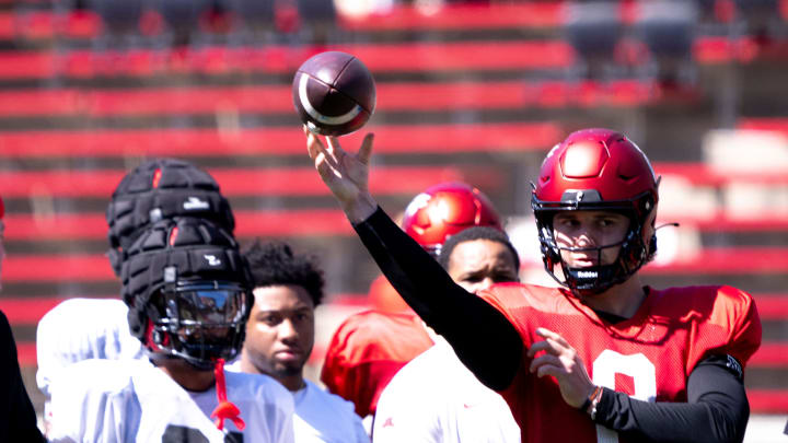 Cincinnati Bearcats quarterback Brendan Sorsby (2) throws a pass during the University of Cincinnati annual Red and Black Spring football game and practice at Nippert Stadium in Cincinnati on Saturday, April 13, 2024.