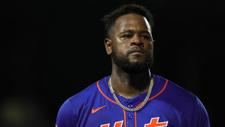 Mar 8, 2024; Jupiter, Florida, USA; New York Mets starting pitcher Luis Severino (40) looks on against the Miami Marlins after the second inning at Roger Dean Chevrolet Stadium. Mandatory Credit: Sam Navarro-USA TODAY Sports