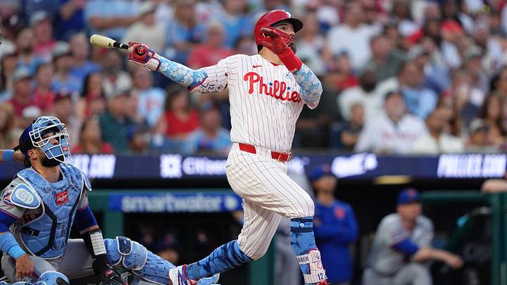 Jun 21, 2026; Philadelphia, Pennsylvania, USA; Philadelphia Phillies designated hitter Kyle Schwarber (12) hits a three-run home run against the New York Mets in the second inning at Citizens Bank Park. Mandatory Credit: Kyle Ross-Imagn Images