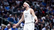 Mar 1, 2025; Dallas, Texas, USA;  Dallas Mavericks guard Klay Thompson (31) reacts against the Milwaukee Bucks during the second half at American Airlines Center. Mandatory Credit: Kevin Jairaj-Imagn Images