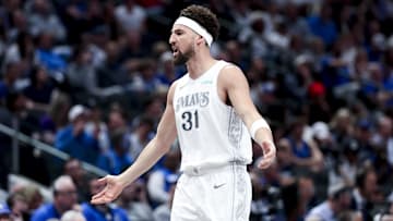 Mar 1, 2025; Dallas, Texas, USA;  Dallas Mavericks guard Klay Thompson (31) reacts against the Milwaukee Bucks during the second half at American Airlines Center. Mandatory Credit: Kevin Jairaj-Imagn Images