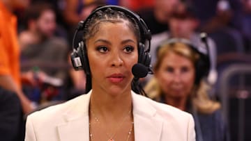 Oct 25, 2022; Phoenix, Arizona, USA; TNT broadcaster Candace Parker during the Golden State Warriors game against the Phoenix Suns at Footprint Center. Mandatory Credit: Mark J. Rebilas-Imagn Images