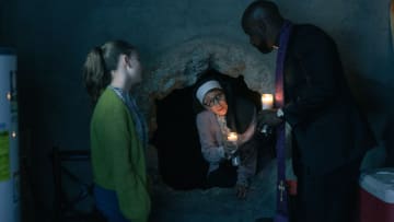 L-R Brooklyn Shuck as Lynn Bouchard, Andrea Martin as Sister Andrea and Mike Colter as David Acosta appearing in Evil episode 7, season 4, streaming on Paramount+, 2023. Photo Credit: Alyssa Longchamp/Paramount+