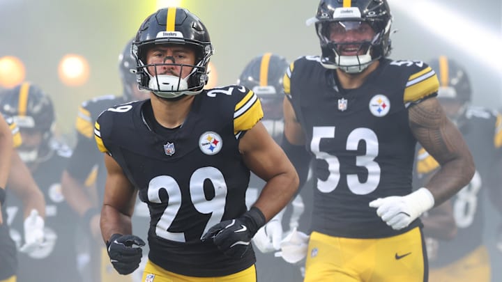 Aug 16, 2025; Pittsburgh, Pennsylvania, USA;  Pittsburgh Steelers safety Sebastian Castro (29) and linebacker Eku Leota (53) take the field against the Tampa Bay Buccaneers at Acrisure Stadium. Mandatory Credit: Charles LeClaire-Imagn Images