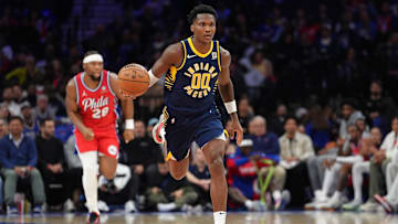 Mar 14, 2025; Philadelphia, Pennsylvania, USA; Indiana Pacers guard Bennedict Mathurin (00) controls the ball against the Philadelphia 76ers in the third quarter at Wells Fargo Center. Mandatory Credit: Kyle Ross-Imagn Images