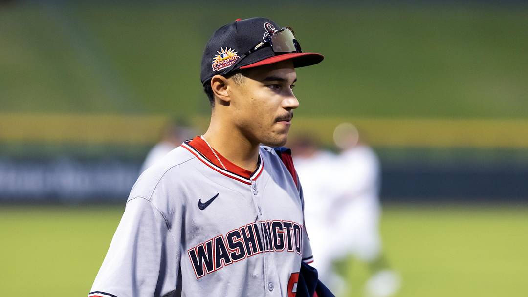 Nov 9, 2025; Mesa, AZ, USA; Washington Nationals infielder Seaver King during the Arizona Fall League Fall Stars Game at Sloan Park. Mandatory Credit: Mark J. Rebilas-Imagn Images