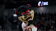Jan 20, 2024; Cincinnati, Ohio, USA; The Cincinnati Bearcats mascot points during the first half in the game against the Oklahoma Sooners at Fifth Third Arena. Mandatory Credit: Katie Stratman-Imagn Images