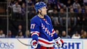 Jan 18, 2025; New York, New York, USA; New York Rangers defenseman Will Borgen (17) skates against the Columbus Blue Jackets during the second period at Madison Square Garden. Mandatory Credit: Danny Wild-Imagn Images