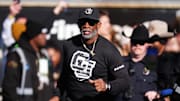 Nov 16, 2024; Boulder, Colorado, USA; Colorado Buffaloes head coach Deion Sanders looks on before the game against the Utah Utes at Folsom Field. Mandatory Credit: Ron Chenoy-Imagn Images