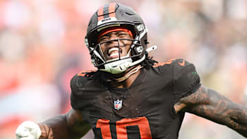 Sep 21, 2025; Cleveland, Ohio, USA; Cleveland Browns running back Quinshon Judkins (10) celebrates after scoring a touchdown against the Green Bay Packers during the fourth quarter at Huntington Bank Field. Mandatory Credit: Ken Blaze-Imagn Images