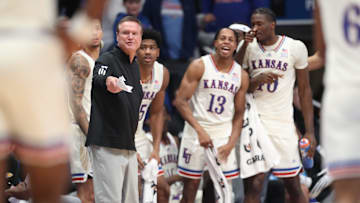 Kansas Jayhawks head coach Bill Self reacts along with players during the second half of the game against Texas A&M-Corpus Christi Islanders inside Allen Fieldhouse on Nov. 11, 2025.