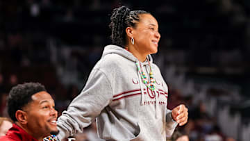 Nov 23, 2025; Columbia, South Carolina, USA; South Carolina Gamecocks head coach Dawn Staley directs her tam against the Queens Royals in the second half at Colonial Life Arena. Mandatory Credit: Jeff Blake-Imagn Images