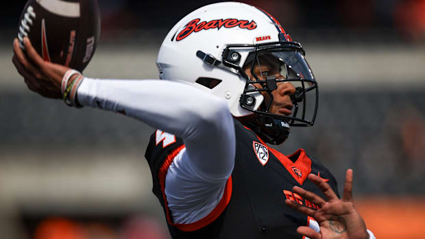 Oregon State Beavers quarterback Gevani McCoy (4) warms up before the game against Idaho State on Saturday, Aug. 31, 2024 at 