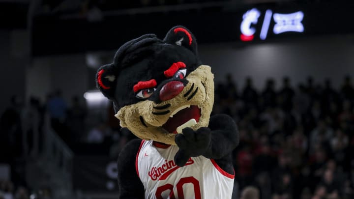 Jan 20, 2024; Cincinnati, Ohio, USA; The Cincinnati Bearcats mascot points during the first half in the game against the Oklahoma Sooners at Fifth Third Arena. Mandatory Credit: Katie Stratman-USA TODAY Sports