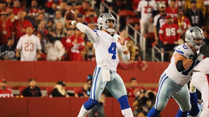 Dallas Cowboys quarterback Dak Prescott throws the ball against the San Francisco 49ers Dallas Cowboys quarterback Dak Prescott throws the ball against the San Francisco 49ers